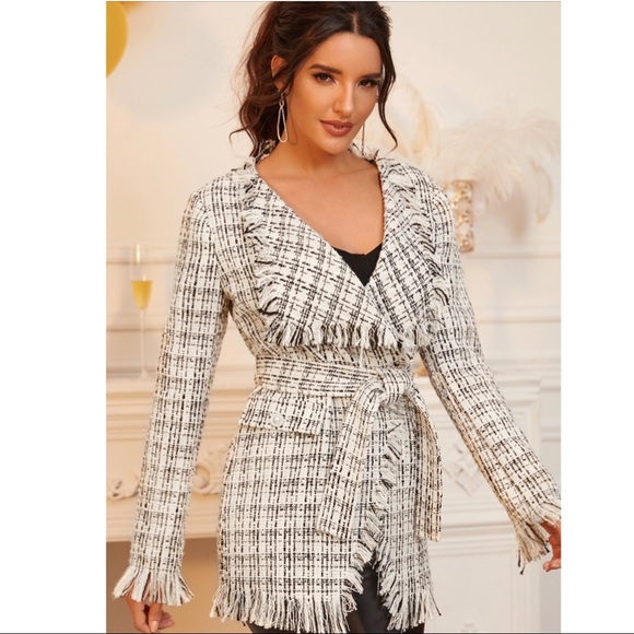 Raw Trim Belted Tweed Wrap Coat - Picture 2 of 3